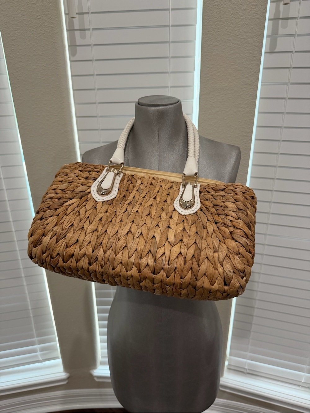 Woven Straw Tote Bag with White Rope Handles